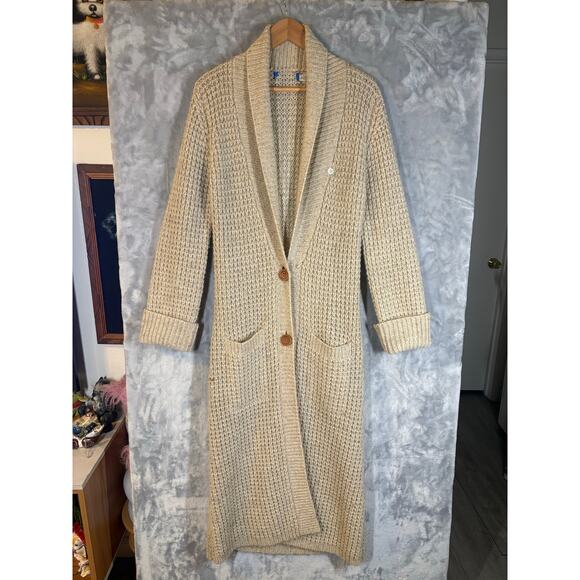 Vintage 70's Maxi Chunky Knit Mohair Wool Cardigan Beige 2 Button Casual Sweater - Picture 4 of 16